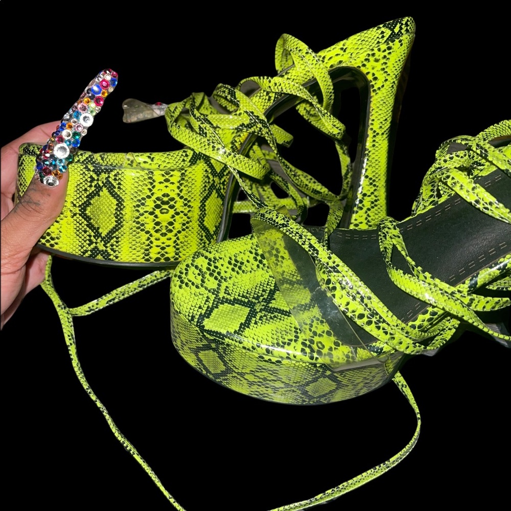 Neon snakeskin print wrap up heels